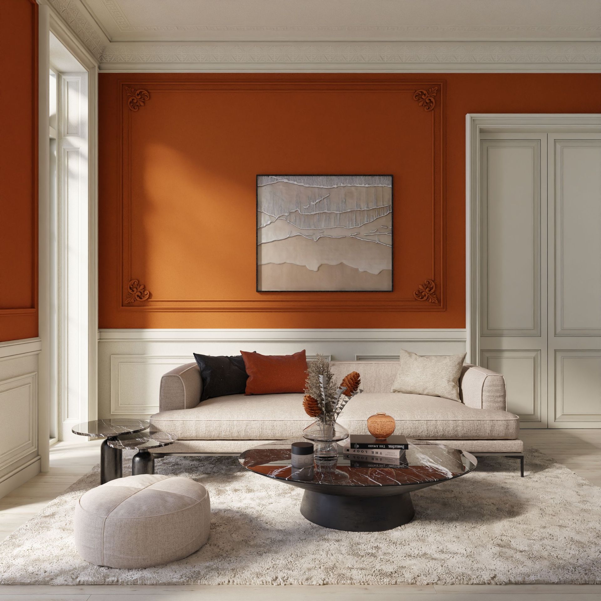 Stylish living room featuring a cozy beige sofa, orange walls, and modern decor.